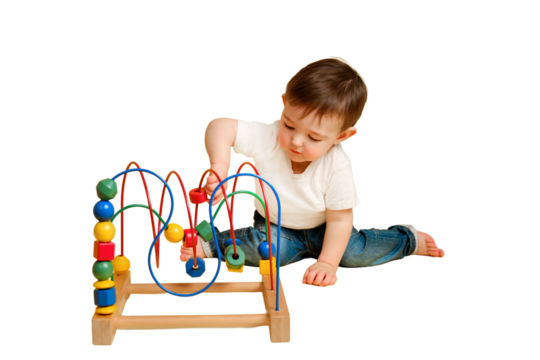 Toddler baby is playing logic educational games on a studio isolated on a white background. Happy child play with educational toy, learning logic. Kid aged one year four months