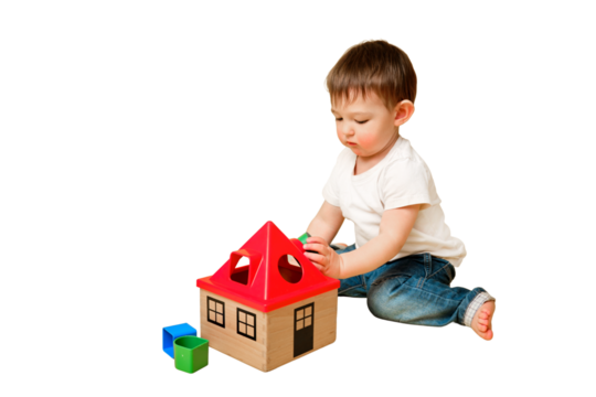 Toddler baby is playing sorter logic educational games with geometric shapes on a studio isolated on a white background. Happy child play with educational toy house. Kid aged one year four months