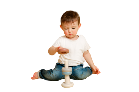 Toddler baby is playing logic educational games with a pyramid on a studio isolated on a white background. Happy child playing with a pyramid educational toy. Kid aged one year four months