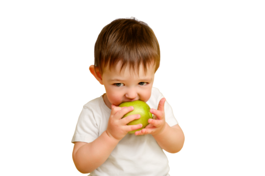 Happy toddler baby eating a green apple on studio isolated on a white background. Child with a big green apple in a white t-shirt, copy space. Kid aged one year and four months