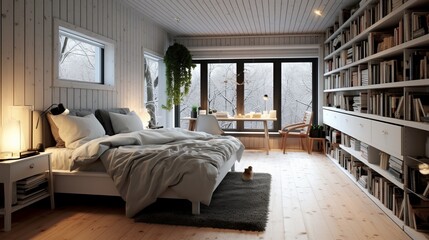 Fototapeta na wymiar a bedroom with a bed desk and bookshelf
