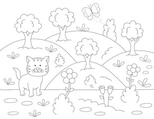 cat in the garden coloring page for kids. you can print it on 8.5x11 inch paper