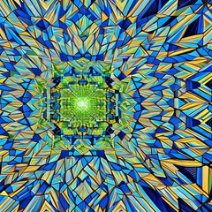 A kaleidoscopic pattern of overlapping squares in shades of blue and green1, Generative AI