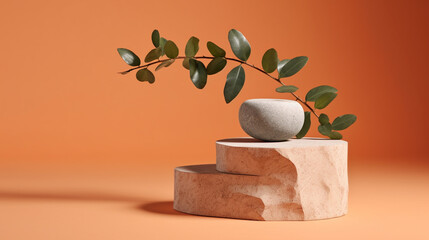Orange Step Up Podium in Concrete Natural Stone - Product Mock Up and Display for Cosmetic, Beauty, and Tech Products - Background with Eucalyptus Leaves - Generative AI