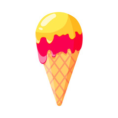 Ice cream in a waffle cone. Icecream in pink and yellow colors isolated on white background idea for a poster, postcard, t-shirt.