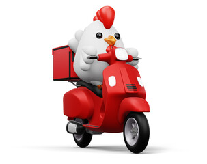 Cute chicken riding scooter, delivery chicken, 3d rendering