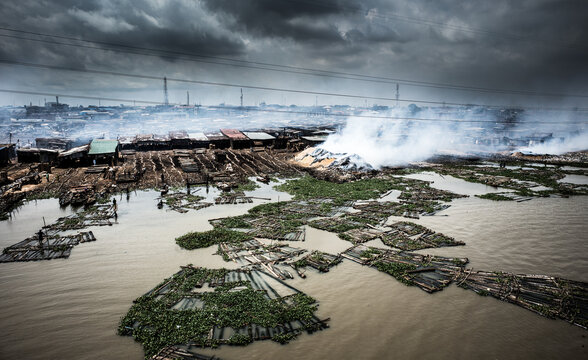dramatic Skyline towards Makoko slum before the rain, Lagos Nigeria