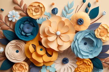 3d flowers craft wallpaper. yellow, rose, blue and orange flowers in light background. 
