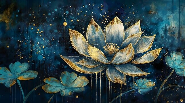 beautiful lotus water lily flower wallpaper, gold on dark blue background, banner, mural art, watercolor illustration with some sparkle and glitter. Generative AI