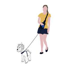 Flat vector drawing of a girl with a dog. Silhouette image of a running girl with a Yorkshire terrier. Urban infographics