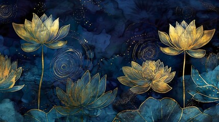 water lily, lotus flower wallpaper, gold on dark blue background, banner, mural art, watercolor illustration with some sparkle and glitter. Generative AI