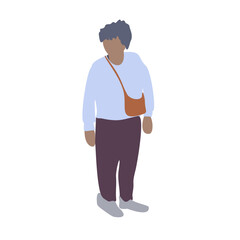 Flat vector drawing of a woman walking down the street. Silhouette image of an old lady. City infographics