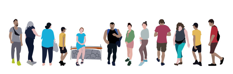 Obraz premium Set of flat vector drawings of people. Silhouette images of women and men of different ages in different poses. City infographics