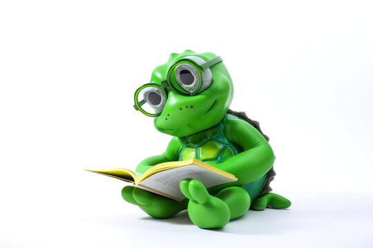 A beautiful intelligent green turtle with glasses reading a book on a white background. Everything you need for a useful and touching image. Generative AI