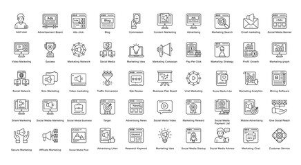 Social Media Marketing Thin Line Iconset Advertising Outline Icon Bundle in Black