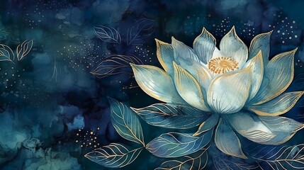 beautiful lotus lily water flower wallpaper, gold on dark blue background, banner, mural art, watercolor illustration with some sparkle and glitter. Generative AI