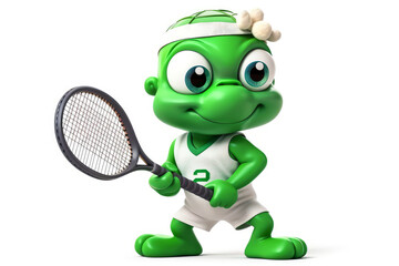 Obraz premium A cute green turtle with a shell, wearing a polo shirt and playing tennis on a white background. The image could be used to encourage sports activities or to entertain. Generative AI