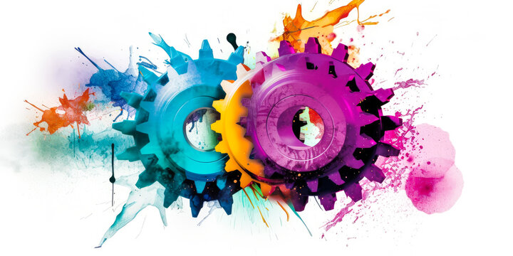 Abstraction of two gears merging, with sparks of creativity and innovation. Symbolizes collaboration, teamwork and integration. Generative AI