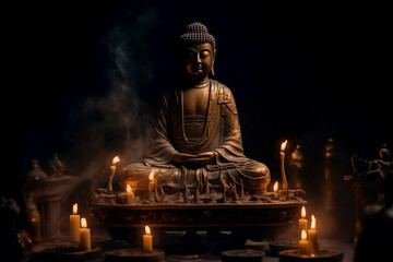 Statue of Buddha in a temple with candles burning in the dark atmosphere. Buddhism and its deities. Generative AI technology.