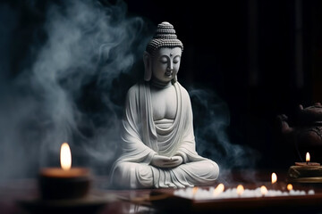 A statue of the Buddha and incense burning. Incense smoke in the dark atmosphere. Buddhism and its deities. Generative AI technology.