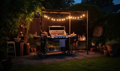 Obraz na płótnie Canvas an outdoor grill with lights strung over it and a grill on wheels. generative ai