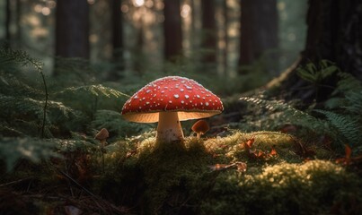  a red mushroom sitting on top of a lush green forest.  generative ai