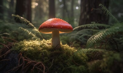 a red mushroom sitting on top of a lush green forest.  generative ai