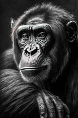 Obraz premium Black and white portrait of a monkey, intense and expressive, ideal to create a unique atmosphere in a composition. Generative AI