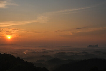Sunrise over the mountains in Sungai Lembing, east coast of Pahang, Malaysia.