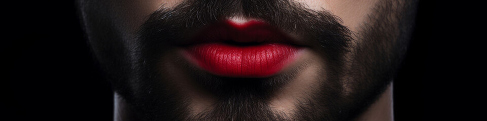 Closeup of handsome bearded gay man with makeup on his lips. Painted lips with red lipstick. LGBT Background, Horizontal Banner AI Generative
