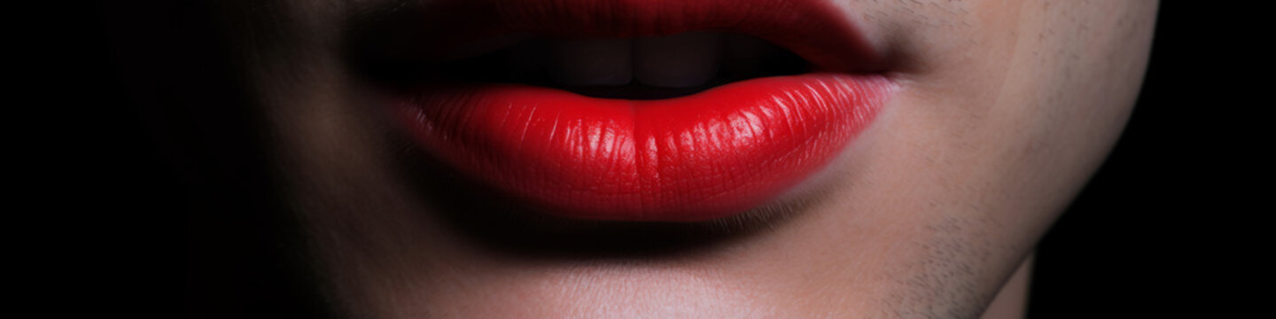 Closeup photo of handsome gay man with red lipstick makeup on black background. LGBT concept banner. AI Generative