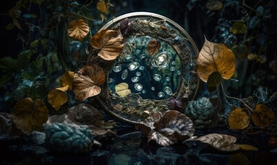 Obraz na płótnie Canvas a mirror surrounded by leaves and flowers on a table top. generative ai