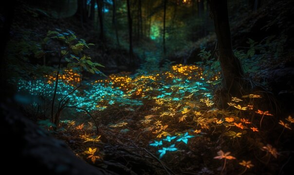  a forest filled with lots of green and yellow flowers next to trees. generative ai © Anna