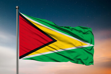 Waving flag of the Guyana. Pole Flag in the Wind. National mark. Waving Guyana Flag. Guyana Flag Flowing.
