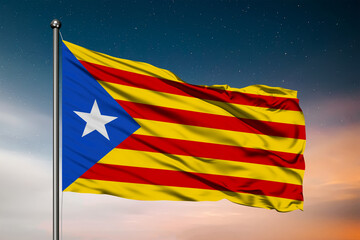 Waving flag of the Catalonia. Pole Flag in the Wind. National mark. Waving Estelada Blava Flag. Catalan Flag Flowing.