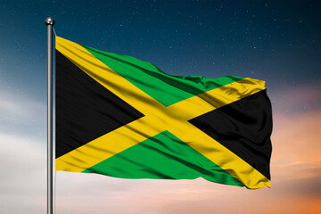 Waving flag of the Jamaica. Pole Flag in the Wind. National mark. Waving Jamaica Flag. Jamaica Flag Flowing.