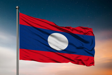 Waving flag of the Laos. Pole Flag in the Wind. National mark. Waving Laos Flag. Laos Flag Flowing.