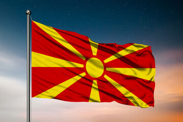 Waving flag of the North Macedonia. Pole Flag in the Wind. National mark. Waving Macedonian Flag. Macedonia Flag Flowing.