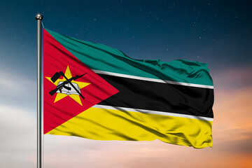 Waving flag of the Mozambique. Pole Flag in the Wind. National mark. Waving Mozambique Flag. Mozambique Flag Flowing.