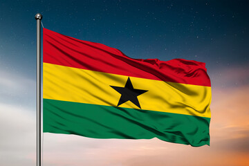 Waving flag of the Ghana. Pole Flag in the Wind. National mark. Waving Ghana Flag. Ghana Flag Flowing. - obrazy, fototapety, plakaty