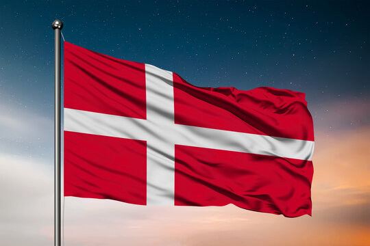 Waving flag of the Denmark. Pole Flag in the Wind. National mark. Waving Dannish Flag. Denmark Flag Flowing.