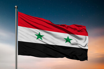 Fototapeta na wymiar Waving flag of the Syria. Pole Flag in the Wind. National mark. Waving Syria Flag. Syrian Flag Flowing.