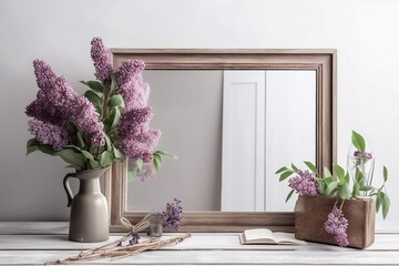 Vintage spring floral still life. Blank picture frame mockup on old wooden bench, and table. Vase with a bouquet. White wall background. Empty copy space. Rustic interior
