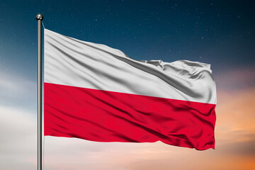 Obraz na płótnie Canvas Waving flag of the Poland. Pole Flag in the Wind. National mark. Waving Poland Flag. Polish Flag Flowing.