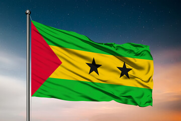 Waving flag of the Sao Tome and Principe. Pole Flag in the Wind. National mark. Waving Sao Tome and Principe Flag. Sao Tome and Principe Flag Flowing.