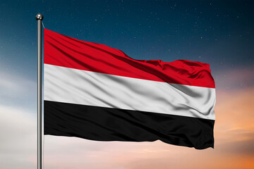 Naklejka na ściany i meble Waving flag of the Yemen. Pole Flag in the Wind. National mark. Waving Yemen Flag. Yemen Flag Flowing.