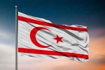 Waving flag of the Turkish Republic of Northern Cyprus. Pole Flag in the Wind. National mark. Waving Northern Cyprus Flag. Turkish Republic of Northern Cyprus Flag Flowing.
