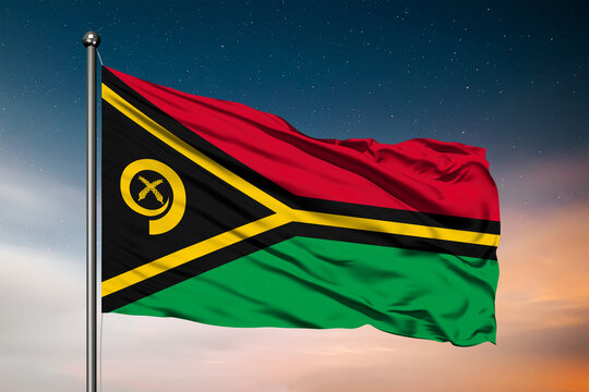 Waving flag of the Vanuatu. Pole Flag in the Wind. National mark. Waving Vanuatu Flag. Vanuatu Flag Flowing.