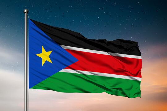 Waving flag of the South Sudan. Pole Flag in the Wind. National mark. Waving South Sudan Flag. South Sudan Flag Flowing.