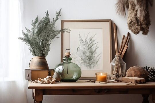 Christmas interior decor. wooden picture frame, white wall. Green pine tree branches in a jug and old books. Grey working table. Old books. Winter home office